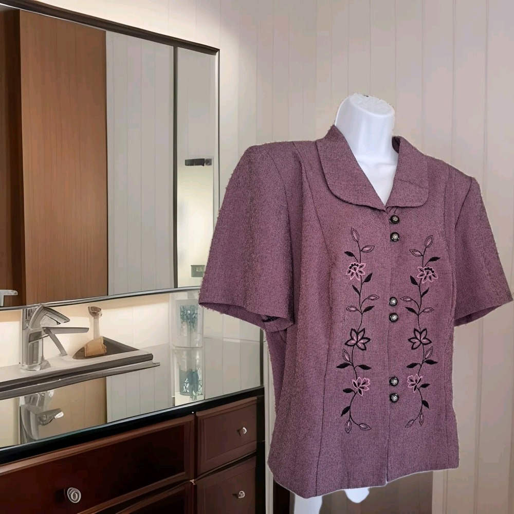 Lady Dorby Top 16W Mauve Houndstooth Short Sleeve Button Up Floral‎ Embroidered